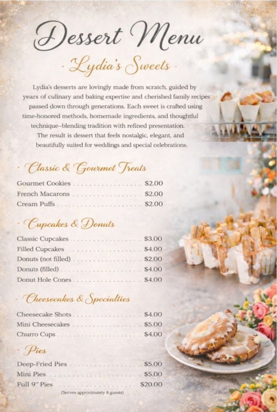 Our dessert menu is set to make your desseet bar full and priced just as you like.